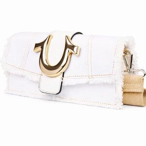 True Religion Religion Frayed Denim Bag with Logo Strap NWT